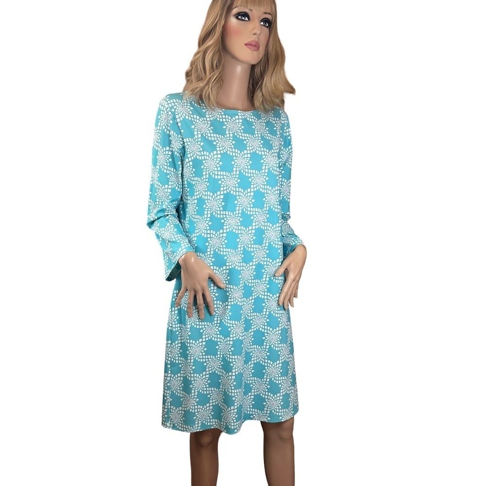 Melly M Dress Pretty Turquoise Pattern Long Sleeve Straight Cut Made in USA NWOT